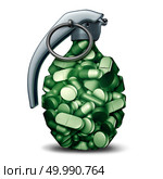 Dangerous opioids crisis and prescription painkiller addiction risk and epidemic concept as a group of pills shaped as a hand grenade bomb as a medical addict problem as a 3D illustration. Стоковое фото, агентство Ingram Publishing / Фотобанк Лори