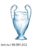 Blue cup made from water splashes on a white background. Cup as a symbol or emblem of the UEFA Champions League. Football cup made from water splashes isolated on white background. Стоковое фото, агентство Ingram Publishing / Фотобанк Лори