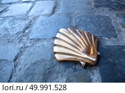 Symbol of the camino de santiago in Brussels, Belgium. Toned photo. St James shell in Brussels. Стоковое фото, агентство Ingram Publishing / Фотобанк Лори