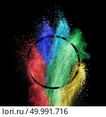 Colorful powder explosion set into circle frame isolated on black background.. Splash of colorful powder into circle frame over black background. Стоковое фото, агентство Ingram Publishing / Фотобанк Лори