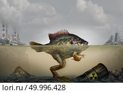 Environmental pollution genetic mutation and heritable DNA damage caused by a polluted environment with industrial waste in air and water as a hybrid fish and frog with 3D illustration elements. Стоковое фото, агентство Ingram Publishing / Фотобанк Лори