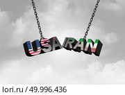 Iran USA conflict concept as an American and Iranian security crisis due to economic sanctions and Nuclear deal agreement dispute as a 3D illustration. Стоковое фото, агентство Ingram Publishing / Фотобанк Лори