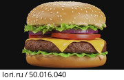 Classic juicy burger spins isolated on a black background, fresh ingredients, juicy layers with cheese, fresh lettuce, tomato, onion, on a sesame bun. for menu, food advertising, promo video. Стоковое AI-видео, аниматор Ольга Яковенко / Фотобанк Лори