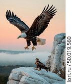 An eagle teaches an eaglet to fly, white cliffs and a gentle dawn. Photorealistic surrealism. Стоковое AI-изображение, AI-художник Анна Никонорова / Фотобанк Лори