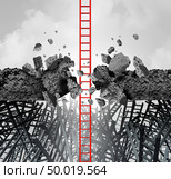 Business success breakthrough metaphor symbol of a career ladder breaking through an obstacle to achieve a financial or life goal with 3D illustration elements. Стоковое фото, агентство Ingram Publishing / Фотобанк Лори