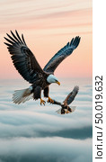 An eagle teaches an eaglet to fly, white cliffs and a gentle dawn. Photorealistic surrealism. Стоковое AI-изображение, AI-художник Анна Никонорова / Фотобанк Лори