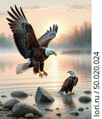 An eagle teaches its eaglet to fly at dawn. Стоковое AI-изображение, AI-художник Анна Никонорова / Фотобанк Лори