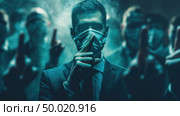A man stands with his mouth covered by a hand, surrounded by indistinct figures in a shadowy, blue-tinged environment. Стоковое AI-изображение, AI-художник Данила Большаков / Фотобанк Лори