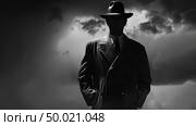 A man dressed in a suit and hat captured in a black and white frame. Стоковое AI-изображение, AI-художник Данила Большаков / Фотобанк Лори