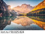 Beautiful Braies lake at sunrise in autumn in Dolomites, Italy. Landscape with mountains, gold sunlight, water with reflection, trees with orange leaves in fall morning. Travel in italian alps. Nature. Стоковое фото, агентство Ingram Publishing / Фотобанк Лори