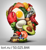Keto nutrition lifestyle and ketogenic diet low carb and high fat food eating as fish nuts eggs meat avocado and other healthy ingredients as a therapeutic meal shaped as a human head in a 3D illustration style. Стоковое фото, агентство Ingram Publishing / Фотобанк Лори