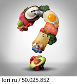 Keto diet questions and ketogenic low carb and high fat food  eating lifestyle as fish nuts eggs meat avocado and other nutritious ingredients as a therapeutic meal shaped as a question mark as a 3D illustration elements. Стоковое фото, агентство Ingram Publishing / Фотобанк Лори