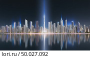 Burj khalifa and dubai skyline reflecting at night. Стоковое AI-видео, аниматор Юрий Поздников / Фотобанк Лори