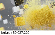 Golden cube exploding into particles on gray background. Стоковое AI-видео, аниматор Юрий Поздников / Фотобанк Лори