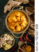 Chicken masala curry, spicy meat. Yellow chicken curry sauce. Spicy chicken curry dish. Traditional indian food, asian cuisine. Top view. Стоковое фото, агентство Ingram Publishing / Фотобанк Лори