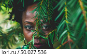 African american woman concealing herself behind a tree branch in a cautious manner. Стоковое AI-изображение, AI-художник Данила Большаков / Фотобанк Лори