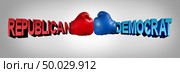 Democrat republican fight as an american political battle in the senate or congress as Republicans Versus Democrats with two boxing gloves fighting the right and left for United states USA citizens with 3D illustration elements. Стоковое фото, агентство Ingram Publishing / Фотобанк Лори