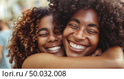 Two women embracing each other warmly, both smiling happily. Стоковое AI-изображение, AI-художник Данила Большаков / Фотобанк Лори