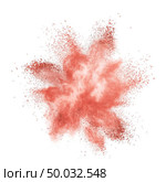 The blast of colored powder in a color of the year 2019 Living Coral pantone isolated on a white background. Place for text.. Explosion of colored powder in a color of the year 2019 Living Coral pantone isolated on a white background. Стоковое фото, агентство Ingram Publishing / Фотобанк Лори