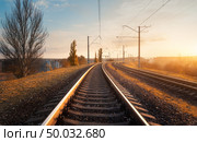 Railroad against beautiful sky at sunset. Industrial landscape with railway station, colorful blue sky, trees and yellow sunlight. Railway junction. Heavy industry. Railways. Cargo shipping. Vintage. Стоковое фото, агентство Ingram Publishing / Фотобанк Лори
