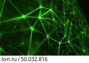 Black virtual abstract Blockchain technology network background with lights lines and grids . Abstract technology network mesh and destroy sphere cyber geometry orb and polygonal lines and dots.. Blockchain network - Abstract connected dots on bright black background. Internet connection, abstract sense of science and technology graphic design. Green is the color of the market growth. Стоковое фото, агентство Ingram Publishing / Фотобанк Лори