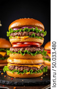 Huge burger multilayered, fast food. AI generated. Стоковое AI-изображение, AI-художник Анна Никонорова / Фотобанк Лори