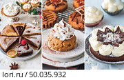 Collage featuring a variety of cakes and desserts, showcasing different flavors, textures, and decorations in a vibrant and enticing display. Стоковое AI-изображение, AI-художник Данила Большаков / Фотобанк Лори