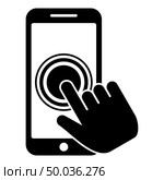 Click on touch screen smartphone Modern smartsphone with hand clicking on screen Finger click on mobile phone Action in apps cellphone Using telephone icon black color vector illustration flat style simple image. Стоковая иллюстрация, агентство Ingram Publishing / Фотобанк Лори