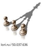 Successful Business strategy and joining forces together for success concept as a team leadership idea as three chess pawn pieces casting a merging shadow shaped as the king for teamwork partnership as a 3D illustration. Стоковое фото, агентство Ingram Publishing / Фотобанк Лори