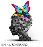 Autism idea and autistic developmental education disorder puzzle children symbol as a child special learning icon as jigsaw pieces coming together to form a young student head as a 3D illustration. Стоковое фото, агентство Ingram Publishing / Фотобанк Лори