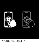 Click on touch screen smartphone Modern smartsphone with hand clicking on screen Finger click on mobile phone Action in apps cellphone Using telephone icon set white color vector illustration flat style simple image. Стоковая иллюстрация, агентство Ingram Publishing / Фотобанк Лори