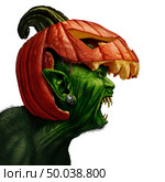 Halloween pumpkin monster side view as a zombie face or mutant beast head screaming as a creepy green demon symbol with a jack o lantern on a white background with 3D illustrationelements. Стоковое фото, агентство Ingram Publishing / Фотобанк Лори