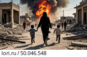Military conflict in the Middle East. War between Israel and Iran. Women and children under bombardment. Стоковое AI-изображение, AI-художник Анна Никонорова / Фотобанк Лори