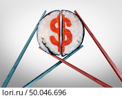 Eating out cost and dining expenses as chopsticks coming together joining as a couple with sushi shaped as a dollar sign symbol and service industry icon with 3D illustration elements. Стоковое фото, агентство Ingram Publishing / Фотобанк Лори