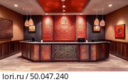 Elegant hotel reception desk with ornate red wall panels, pendant lighting, and warm wooden decor in a luxurious and inviting lobby interior. Стоковое AI-изображение, AI-художник Катерина Бондарец / Фотобанк Лори