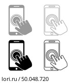 Click on touch screen smartphone Modern smartsphone with hand clicking on screen Finger click on mobile phone Action in apps cellphone Using telephone icon set black grey color vector illustration flat style simple image. Стоковая иллюстрация, агентство Ingram Publishing / Фотобанк Лори