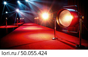Red Carpeted Area With Bright Lights. Generative AI. Стоковое AI-изображение, AI-художник Roman Zavorotny / Фотобанк Лори