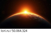 Breathtaking digital illustration of earth from space at sunrise capturing the planets curvature with a golden glow against a starry background. Стоковое AI-изображение, AI-художник Андрей Бакусов / Фотобанк Лори