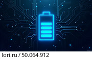 Futuristic highresolution digital illustration of a glowing battery icon on a dark blue circuit board background. Стоковое AI-изображение, AI-художник Андрей Бакусов / Фотобанк Лори