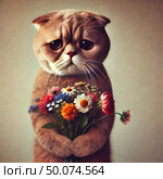 A cute but sad cat with big sad eyes, holding a colorful bouquet of wild flowers in his paws. The cat has drooping ears and a touching expression on his face, as if he is apologizing or asking for forgiveness. The background is neutral, which focuses attention on the character. The illustration is done in a hyperrealistic or digital painting style, conveying emotional warmth and light drama. Suitable for postcards, memes, posters, designs on the theme of "sorry", "miss you", "with love" or "I'm sorry". sad cat. Стоковое AI-изображение, AI-художник Анна Кривицкая / Фотобанк Лори