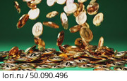 Bitcoin coins cascading onto surface in slow motion against green background. Стоковое AI-видео, аниматор Владимир Федоров / Фотобанк Лори