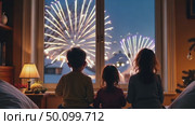 New Year fireworks, people sitting at home and looking out the window, Christmas tree and forest in the background, starry night. AI-generated. Стоковое AI-видео, аниматор Spirit River / Фотобанк Лори