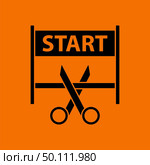 Scissors Cutting Tape Between Start Gate Icon. Black on Orange Background. Vector Illustration. Стоковое фото, агентство Ingram Publishing / Фотобанк Лори