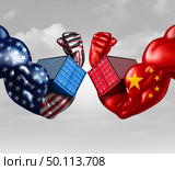 Economic trade war concept as a China dispute with USA or United States and American tariffs as a politics conflict with two opposing trading partners as import and exports fight concept with 3D illustration elements. Стоковое фото, агентство Ingram Publishing / Фотобанк Лори