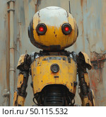 A retro-futuristic robot with a bright yellow body and expressive red eyes. It stands against a metal industrial wall with scuffs, pipes and rust, which emphasizes the post-apocalyptic atmosphere. The robot is made with elements of wear, paint chips and mechanical connections, while its design evokes associations with both friendly characters and a potential threat. The illustration is suitable for the themes of robotics, science fiction, post-apocalypse and concept art. Стоковое AI-изображение, AI-художник Анна Кривицкая / Фотобанк Лори