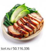 Sliced Char Sou Pork and Steamed Bock Chow on White Plate. Generative AI. Стоковое AI-изображение, AI-художник Roman Zavorotny / Фотобанк Лори