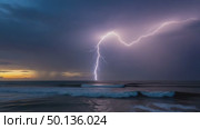 Lightning striking the ocean during a dramatic storm at dusk. Стоковое AI-видео, аниматор KATERINA AI / Фотобанк Лори