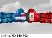 Mexico USA or United States trade and American tariffs on the Mexican economy conflict with two opposing trading partners as an economic import and exports dispute concept with 3D illustration elements. Стоковое фото, агентство Ingram Publishing / Фотобанк Лори