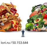 Diet lifestyle decision concept and nutrition choices dilemma between healthy good fresh fruit and vegetables or greasy cholesterol rich fast food with a confused person with 3D illustration elements. Стоковое фото, агентство Ingram Publishing / Фотобанк Лори