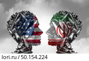 Iran US missile conflict and United States middle east crisis concept as an American and Iranian security problem due to economic sanctions and nuclear deal dispute with 3D illustration elements. Стоковое фото, агентство Ingram Publishing / Фотобанк Лори